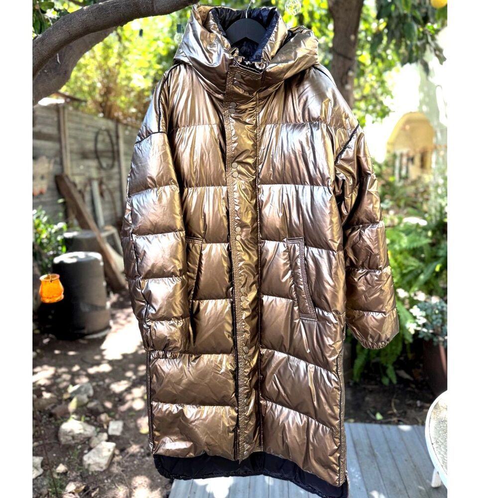 Nap x Lattelier Gold Bronze Maxi Shiny Zip Front Hooded Down Puffer Jacket SZ L
